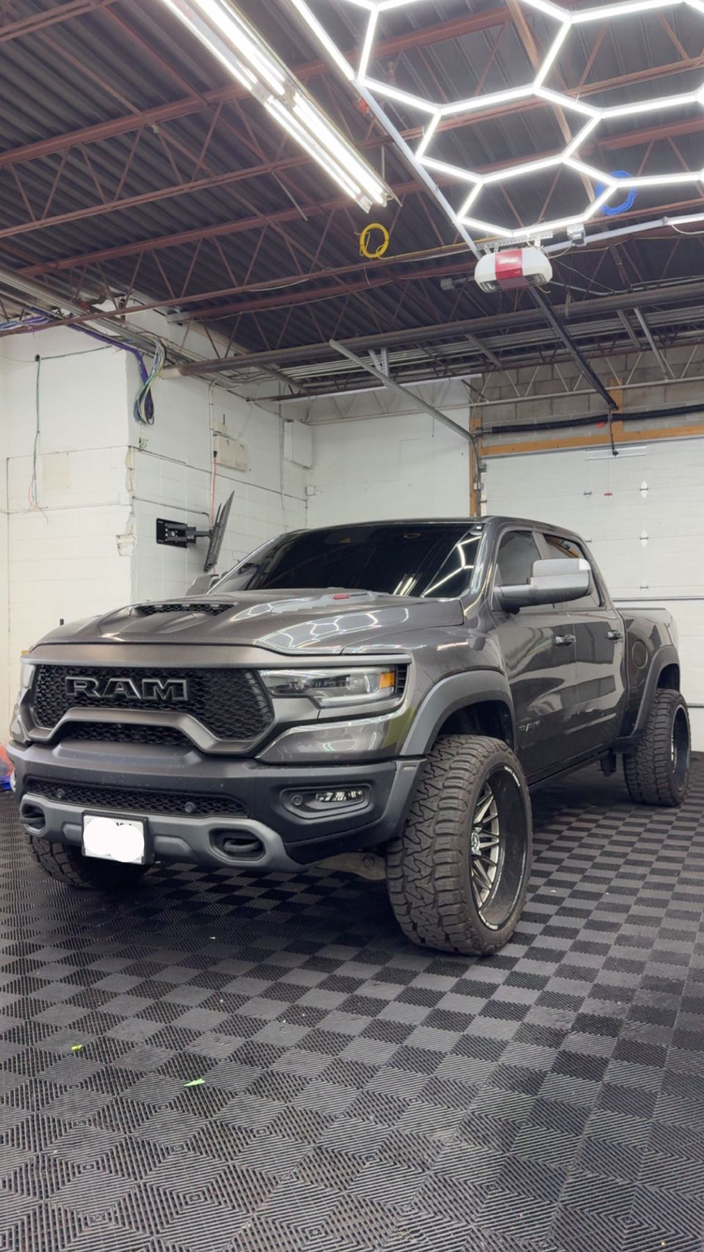 RAM TRX truck with professionally installed window tint in the shop